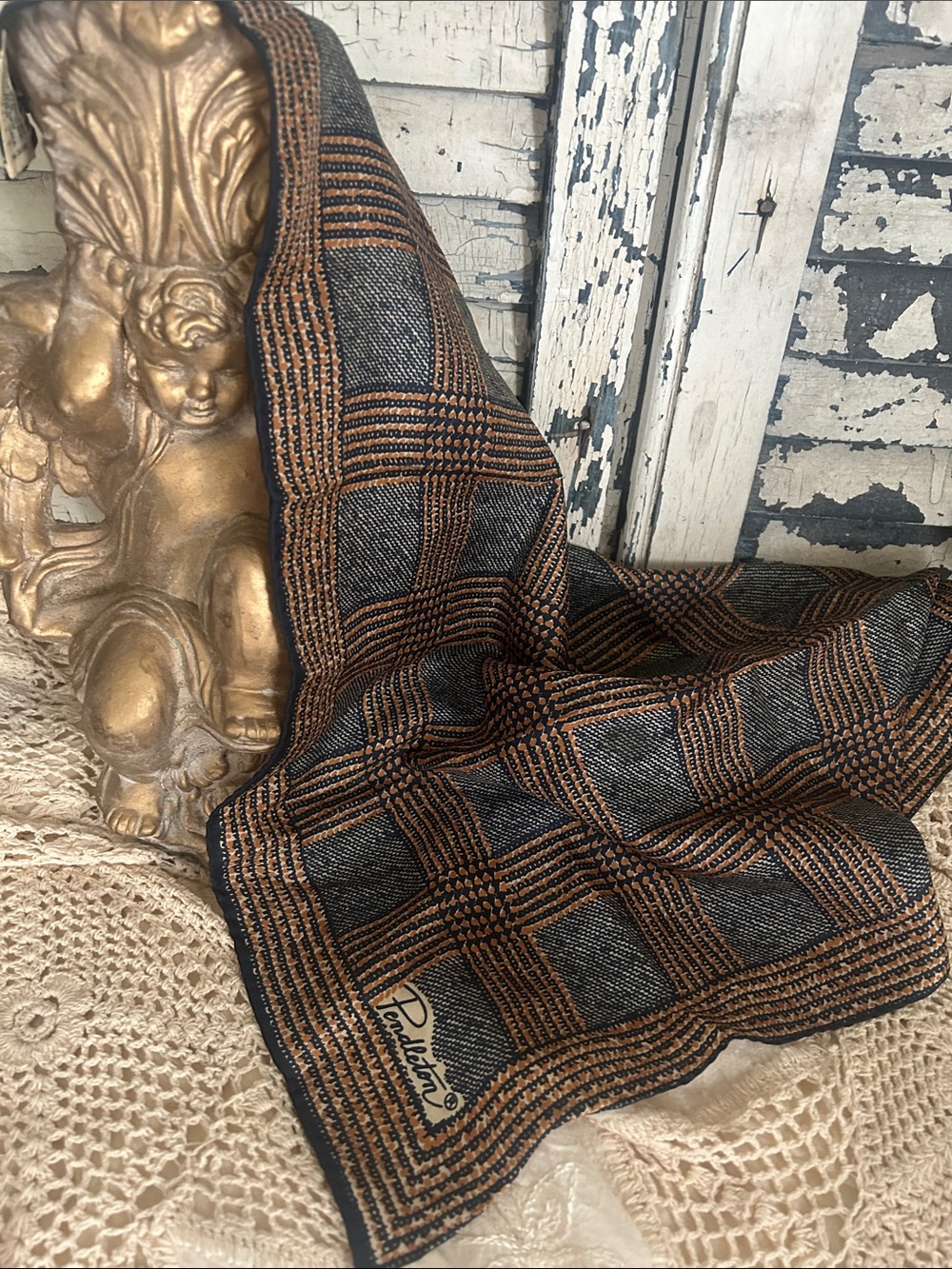 Pendleton Vintage Silk Scarf plaid blue and rust 70’s-80’s Echo
